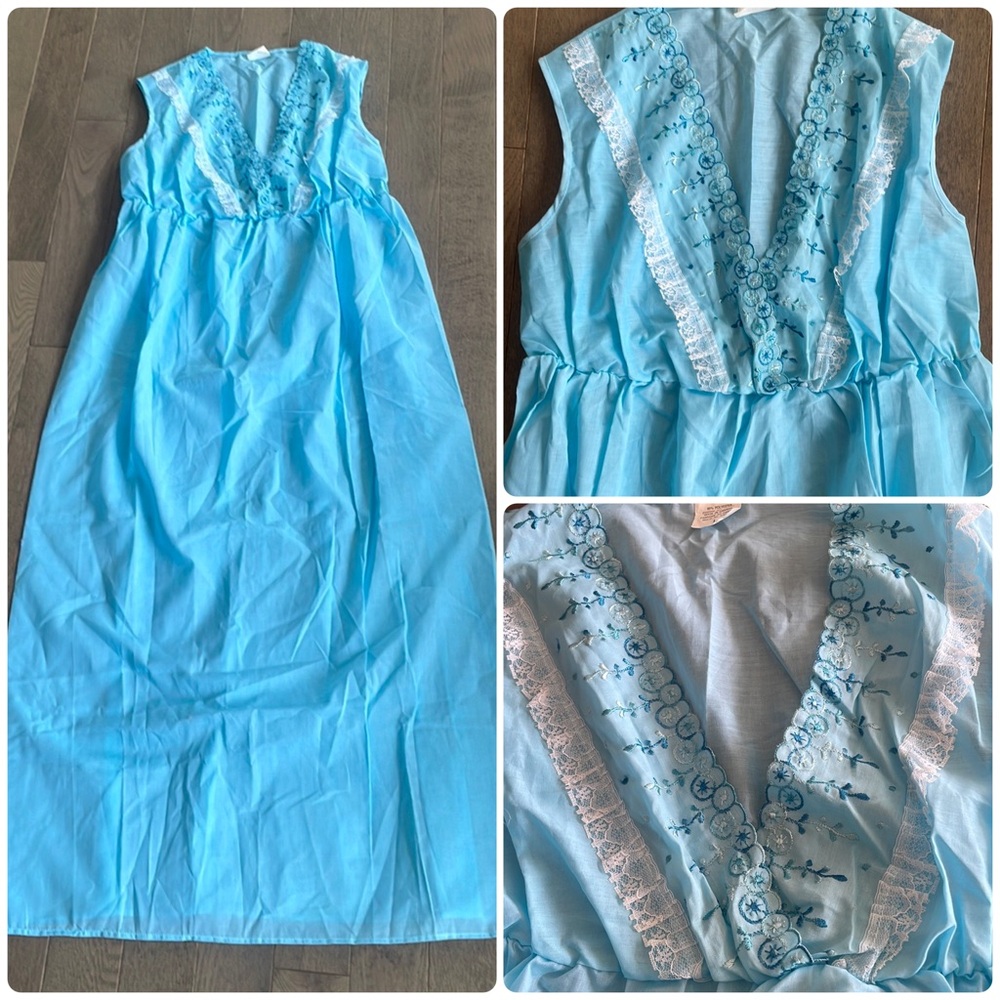 Vintage Made in Canada Embroidered Lace Sky Blue Maxi Nightgown L